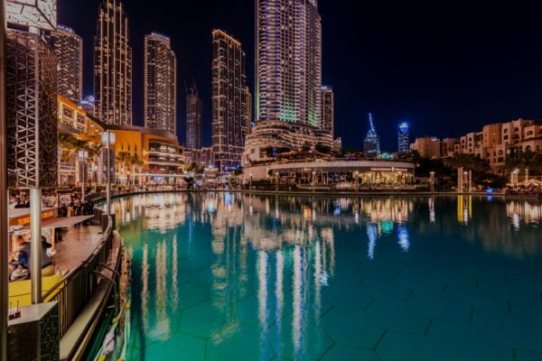 Captivating night view of Dubai's cosmopolitan skyline reflecting in a serene pond.